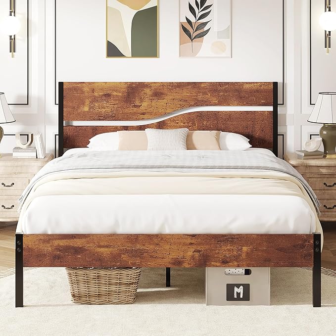 VECELO Full Size Bed Frame with Headboard Wood, Solid and Strong Metal Platform Support, No Box Spring Needed