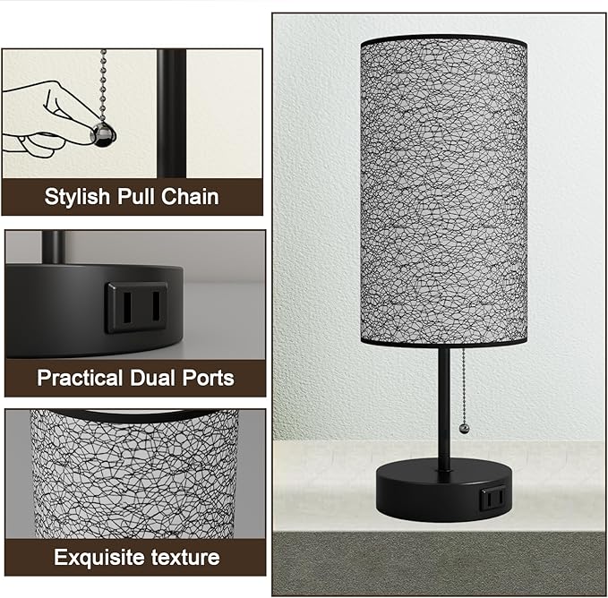 Table Lamp for Bedroom,Nightstand Lamp for Bedside with AC Outlets,Adjustable 3color LED Light Desk Lamp for Home Decor,Included Bulb and Lamp Shade(Black-OnlyAC, 1PCS)