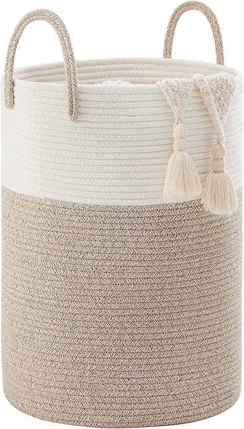 Woven Rope Laundry Hamper Basket, 72L Tall Luandry Basket, Baby Nursery Hamper for Blanket Storage in Bedroom-Large-Brown