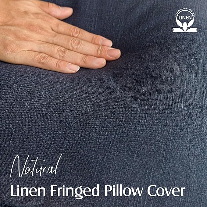 Foindtower Set of 2 Decorative Linen Fringe Throw Pillow Covers Cozy Boho Farmhouse Cushion Cover with Tassels Soft Accent Pillowcase for Couch Sofa Bed Living Room Home Decor, 22×22 Inch, Navy Blue