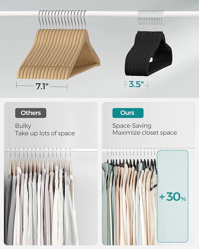 SONGMICS Velvet Hangers 60 Pack, Non-Slip Clothes Hangers, Suit Hangers with Shoulder Notches, Pants Bar, 360° Swivel Hook, Space-Saving, for Closet, Ink Black UCRF030B01
