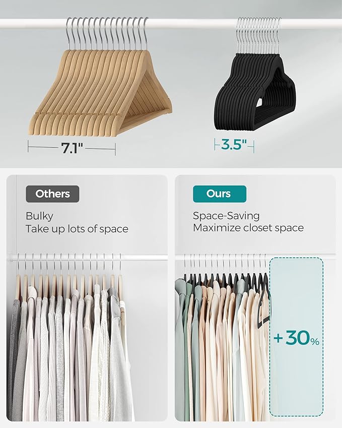 SONGMICS Velvet Hangers 20 Pack, Non-Slip Clothes Hangers, Suit Hangers with Shoulder Notches, Pants Bar, 360° Swivel Hook, Space-Saving, for Closet, Ink Black UCRF029B02