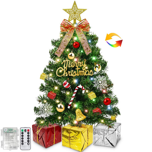 Dual Color Change&Remote Control 24 Inch/2FT Tabletop Christmas Tree with Lights Timer, 20 Warm White&Colored Lights 8 Modes 27 Orantments Star Boxes Mini Small Christmas Tree Xmas Home Party Decor