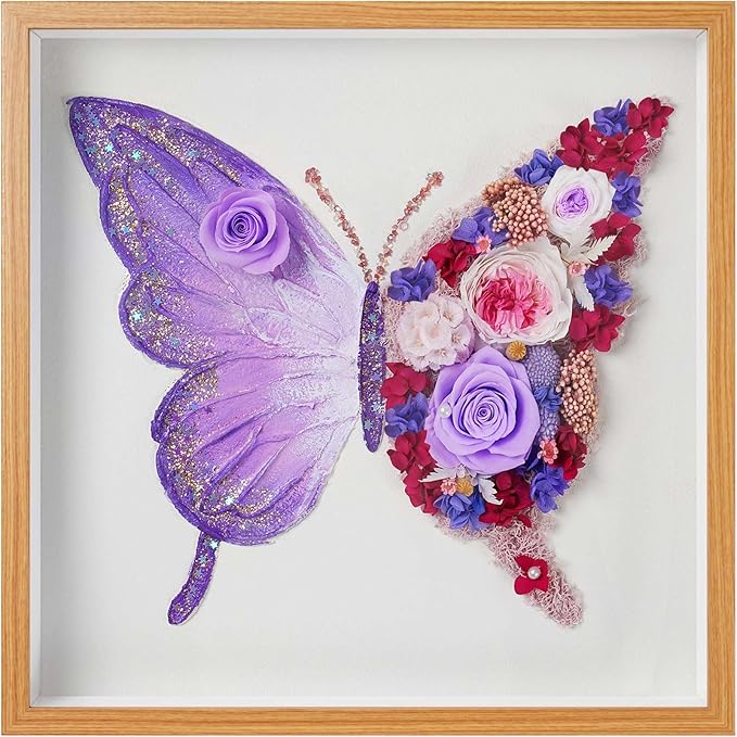 Handmade Butterfly Wall Art with Preserved Roses, 12x12 Shadow Box Frame Gifts, Unique Birthday & Anniversary Present for Women Mom Wife Girlfriend Daughter