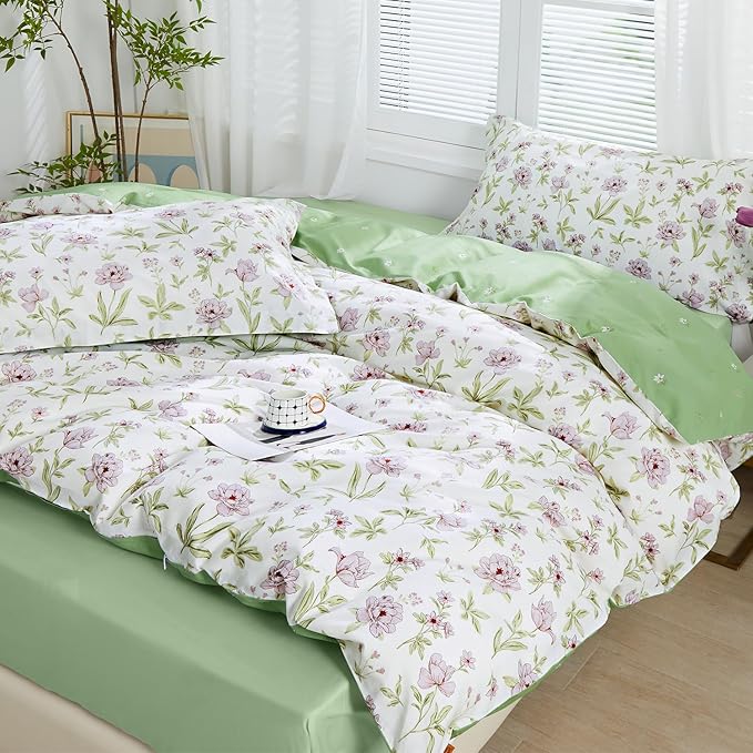 SAPHREAS Lavender Floral Duvet Cover Set Twin Size 2pcs Pink Purple Flower Green Branches Blossom Bedding Comforter Cover Set 100% Cotton 1 Duvet Cover 68"x90" 1 Pillow Sham, Comforter Not Included