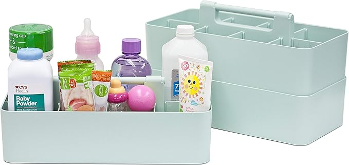 2 PACK - Portable DIY 8 Dividers Durable Plastic Tote Basket Bin Tool & Supply Cleaning Caddy with Handle Made In USA (Mint)