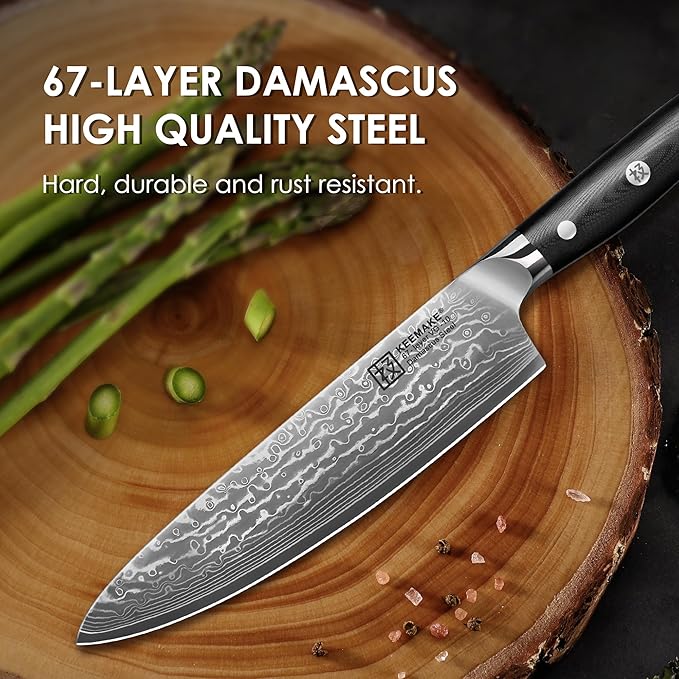 KEEMAKE Chef Knife, 8 Inch Damascus Kitchen Knife, 67 Layers Damascus Steel Knife with Japanese VG10 Core, Razor Sharp Chefs Knife with Ergonomic G10 Handle for Meat Vegetable