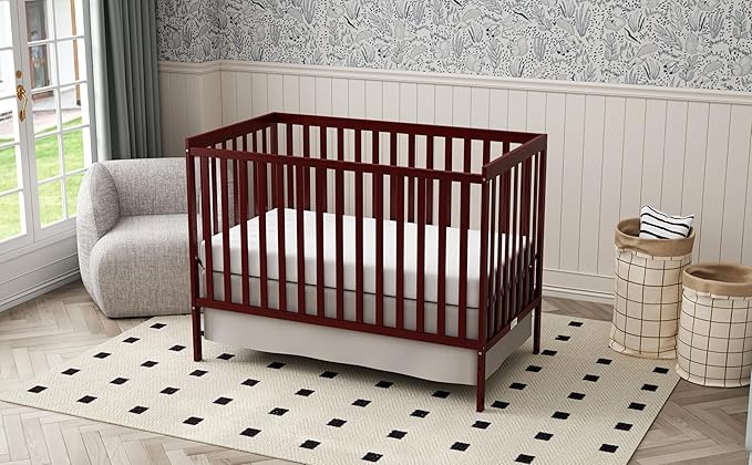 Baby Crib 5-in-1 Convertible, Wooden Nursery Cribs Converts to Toddler Bed, Daybed and Full Size Bed, 3 Adjustable Base, Non-Toxic Finish (Cherry)
