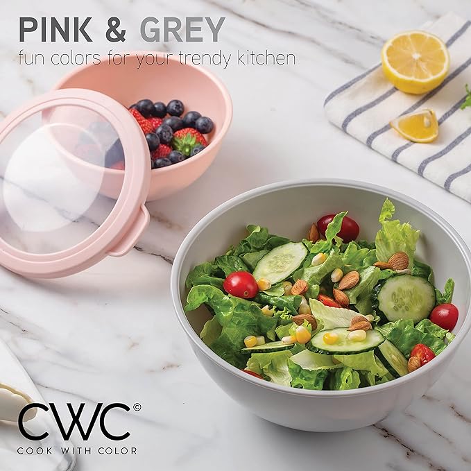 COOK WITH COLOR Mixing Bowls with TPR Lids - 12 Piece Plastic Nesting Bowls Set includes 6 Prep Bowls and 6 Lids, Microwave Safe Mixing Bowl Set (Pink Ombre)
