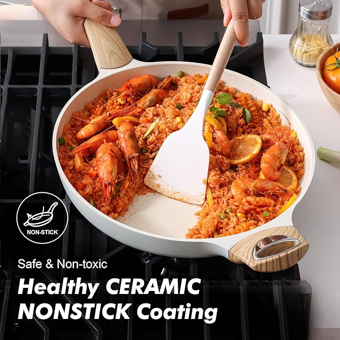 SENSARTE Ceramic Nonstick Frying Pan Skillet with Lid 12.5Inch Large Non Stick Non-toxic Healthy Kitchen Cooking Chef's Pan, Free of Intentionally Added PFOA/PFAS/PTFE, Induction Compatible, White