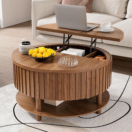 Round Lift Top Coffee Table with Storage, 31.5'' Modern 2-Tier Coffee Table with Hidden Storage Compartment and Open Shelf, Fluted Center Table for Living Room Home Office (Walnut)