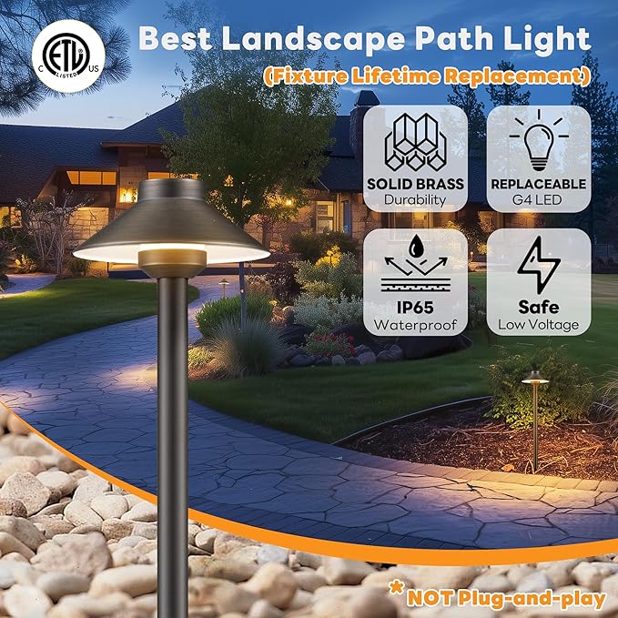 Brass Low Voltage Pathway Lights - 12V Landscape Path Lights Wired, LED Walkway Light Waterproof IP65, Hat Shaped ‎Classic Bronze for Outdoor Entrance Garden G4 Bulb Not Included (6 Pack)