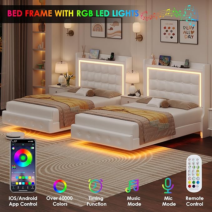 Keyluv Upholstered Twin Floating Bed Frame with LED Lights and Charging Station, Pu Leather Platform Bed with Button Tufted Storage Headboard, Type-C & USB Charging Ports, No Box Spring Needed, White