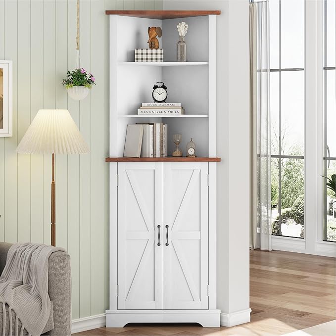 Smuxee Tall Corner Storage Cabinet, Farmhouse Corner Cabinet with Barn Door and Adjustable Shelf, White Freestanding Cabinet Organizer for Bathroom, Kitchen, Living Room