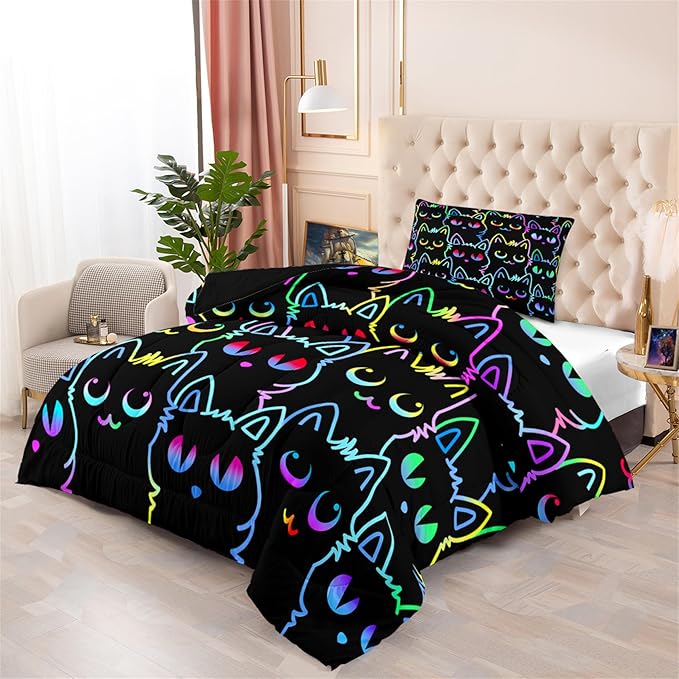 Cute Cartoon Cat Comforter Set for Girls - Twin Size Ultra Soft Cats Patterns Bedding Set With 1 Quilt and 1 Pillowcase