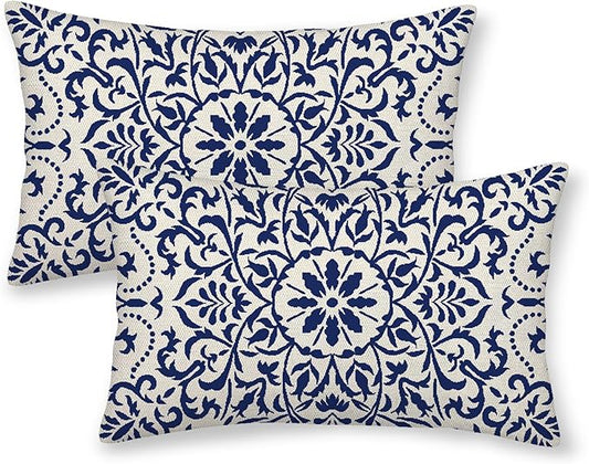 Navy Blue Boho Lumbar Pillow Covers 12x20 Set of 2, Bohemian Ethnic Carpet Pattern Design Decorative Throw Pillows Linen Farmhouse Cushion Pillow Covers for Sofa Couch Outdoor Decor