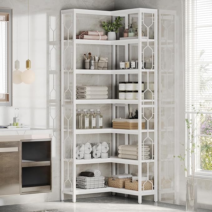Tribesigns Corner Shelf, 7-Tier Industrial Corner Bookshelf, Wood and Metal Corner Etagere Bookcase, Freestanding Display Shelf for Living Room, Kitchen, Home Office, White