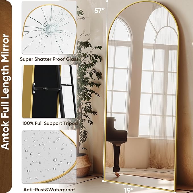 Antok Full Length Mirror, 58"x18" Floor Mirror with Stand, Hanging Mounted Mirrors for Bedroom, Living Room, Cloakroom, Dining Room, Gold, Arched