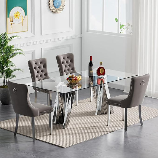 Goujxcy 70" Glass Dining Table Set for 4, Modern Silver Dining Table Set with 4 Grey Velvet Upholstered Dining Chairs, 5 Piece Kitchen Dining Room Table Set with Stainless Steel Legs