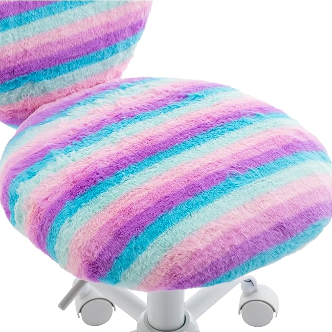 Kmax Kids Reading Chair, Rolling Cute Desk Chair for Girls Swivel Office Chair with Wheels & Heart Back Adjustable Childrens Vanity Chair for Bedroom Reading Room - Faux Fur, Rainbow