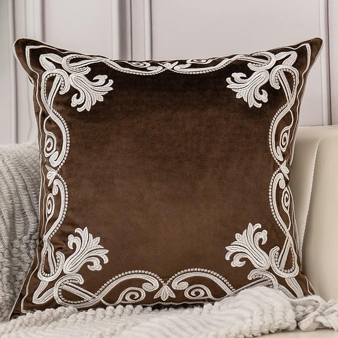 Aeckself European Floral Pillow Cover 16x16 Inch, Luxury Velvet Embroidered Decorative Throw Pillow Cover for Couch Bedroom Living Room, Brown and White