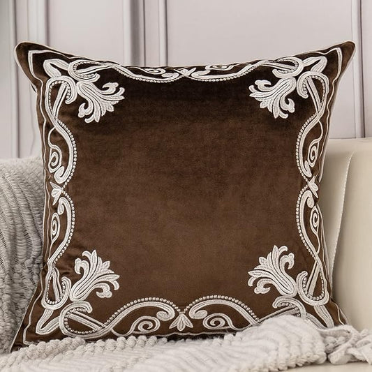 Aeckself European Floral Pillow Cover 16x16 Inch, Luxury Velvet Embroidered Decorative Throw Pillow Cover for Couch Bedroom Living Room, Brown and White