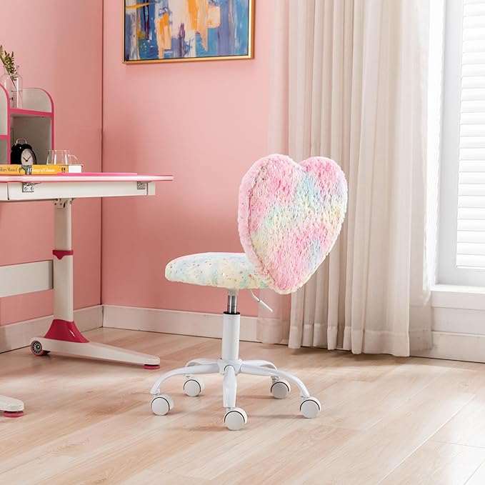 Kmax Kids Reading Chair, Rolling Cute Desk Chair for Girls Swivel Office Chair with Wheels & Heart Back Adjustable Childrens Vanity Chair for Bedroom Reading Room - Faux Fur, Colorful