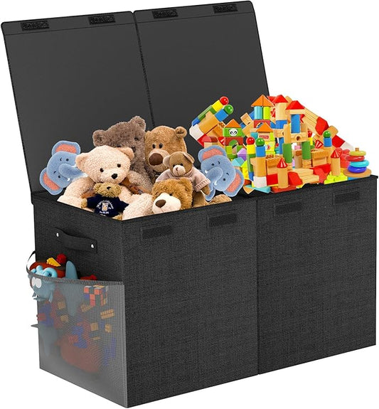 Large Toy Box Chest, Collapsible Sturdy Toy Storage Organizer Boxes Bins Baskets Dinosaur Kids Toy Chest Bin with Lids for Boys Girls Living Room Playroom Bedroom Nursery 25"x14"x16" Black