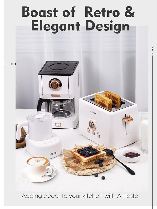 Amaste Retro Style Coffee Machine with 25 Oz Glass Coffee Pot, Reusable Coffee Filter & Three Brewing Modes, 30minute-warm-keeping, Elegant White with Rose Gold