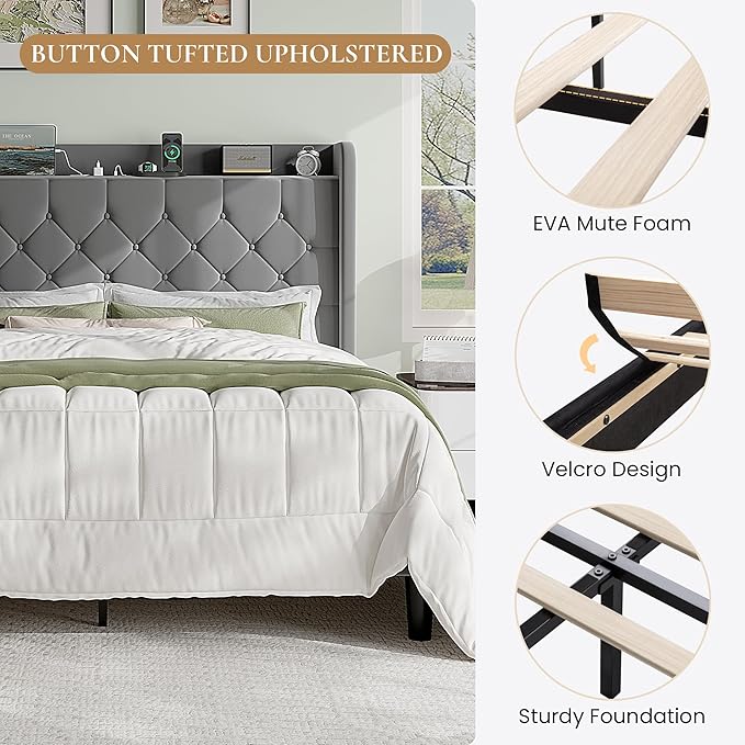 SHA CERLIN Queen Size Platform Bed Frame with Charging Station, Velvet Wingback Headboard with Storage Shelf, Wooden Slats Support, Ample Under-Bed Space, No Box Spring Needed, Easy Assembly, Grey