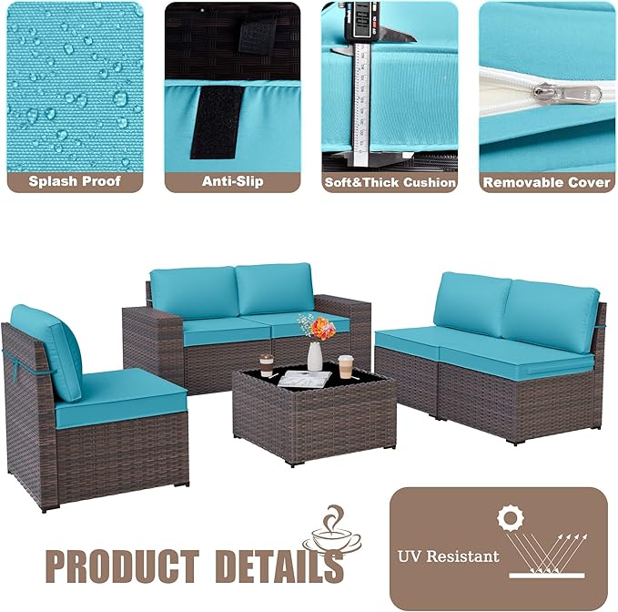 Kurapika 6 Pieces Patio Furniture Set, Rattan Wicker Outdoor Conversation Sets w/4 Inch Cushion and Glass Coffee Table(Blue)