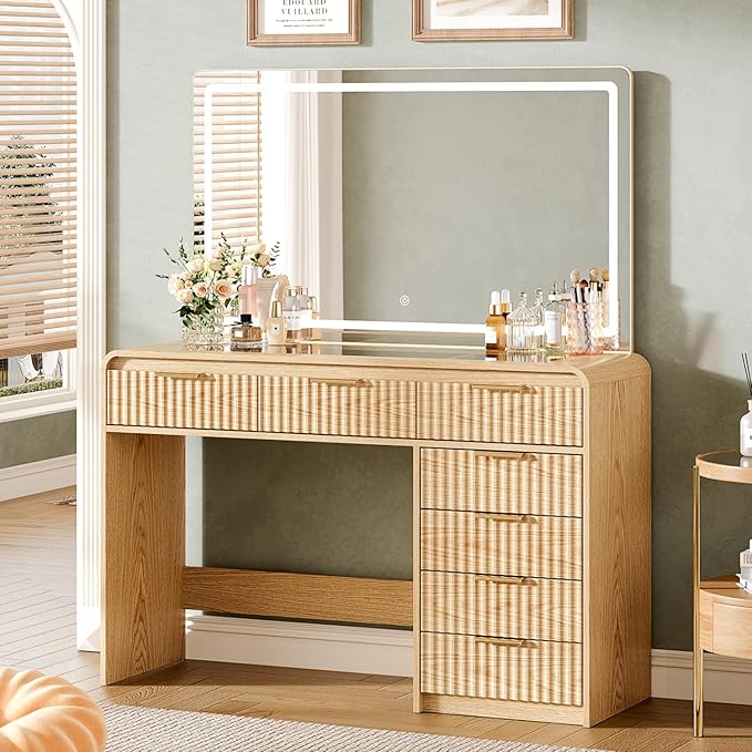 47“Makeup Vanity Desk with 44.8" Mirror and Lights, Vanity Desk with 7 Drawers, Makeup Vanity Table with a Glass Tabletop, 3 Color Modes & Adjustable Brightness Dressing Table, Bedroom,Oak