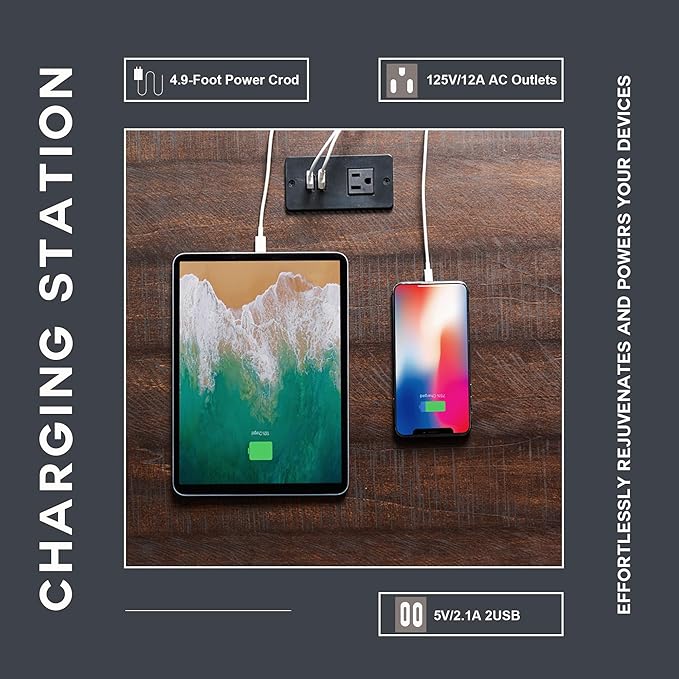 Farmhouse End Table with Charging Station, 20" Nightstand w/Groove Barn Door, Rustic Wood Bedside Table, Side Table with Storage w/Open & Adjustable Shelf for Bedroom, Living Room (Dark Grey)