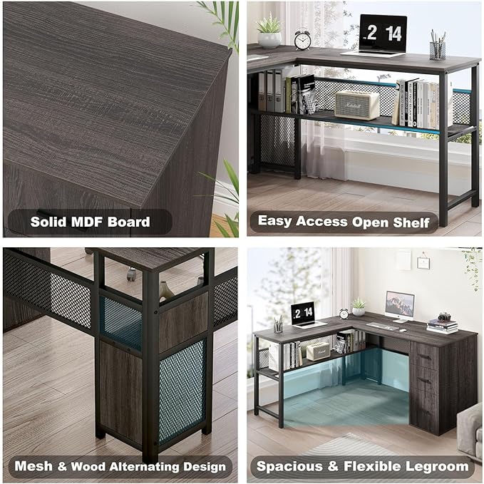 LVB L Shaped Desk, Wood Metal Computer Desk with Drawer, Industrial Corner Home Office Desk with Storage Cabinet for Bedroom, Dark Gray Oak, 59 Inch