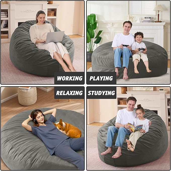 7FT Bean Bag Chair with Ultra Soft Velvet Cover Bean Bag Sofa with Memory Foam Bean Bag Chairs with Large Size Lazy Sofa for Dorm Office Living Room Bedroom Grey 7'