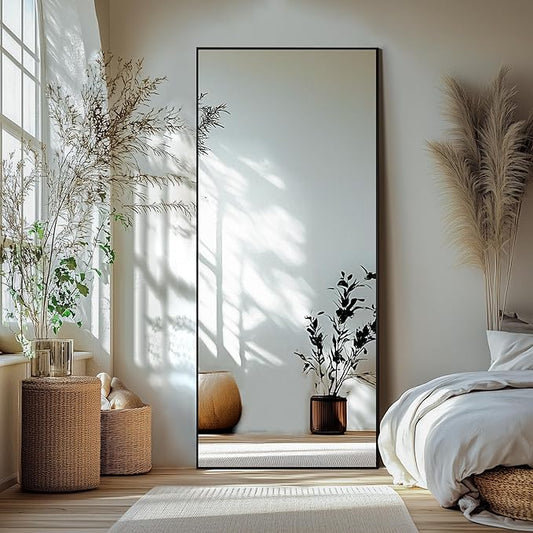 Delma Standing Full Length Mirror with Aluminium Frame for Bedroom Bathroom Living Room(with Stand,70x35-Black)