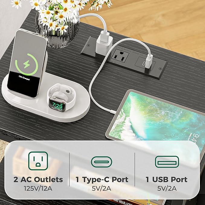 Huuger Nightstand with Charging Station, Side Table with Fabric Drawers, End Table with Open Shelf, Bedside Table with USB Ports and Outlets, Night Stand for Bedroom, Black