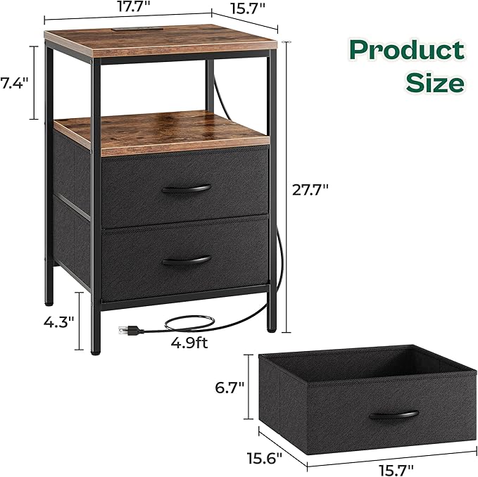 Huuger Night Stand with Charger Station, 27.7 Inch Tall Nightstand, Bed Side Table with 2 Fabric Drawers, Fabric Drawer Dresser for Bedroom, Living Room, Rustic Brown and Black