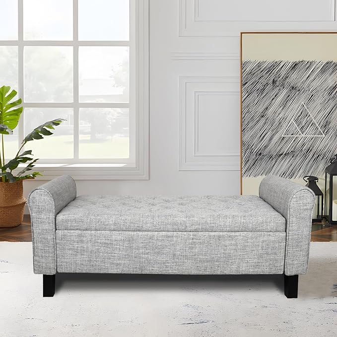 Storage Ottoman Bench with Arms, End of Bed Bench for Bedroom, Button Tufted for Entryway, Living Room,Hallway (Light Grey)