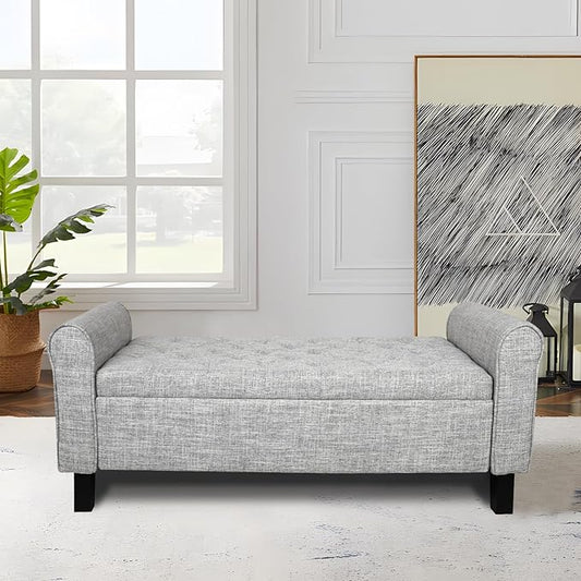 Storage Ottoman Bench with Arms, End of Bed Bench for Bedroom, Button Tufted for Entryway, Living Room,Hallway (Light Grey)