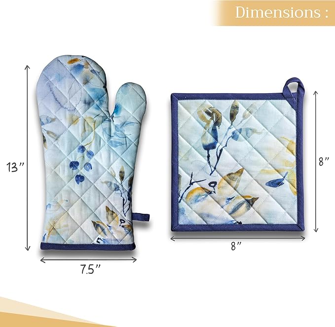 Maison d' Hermine 100% Cotton Oven Mitt & Pot Holder Set (7.5"x13" & 8"x8") Heat Resistant BBQ Cooking Gloves with Loop, Baking, Grilling, Kitchen, Handling Hot Pans Spring/Summer (Lazy Summer Days)