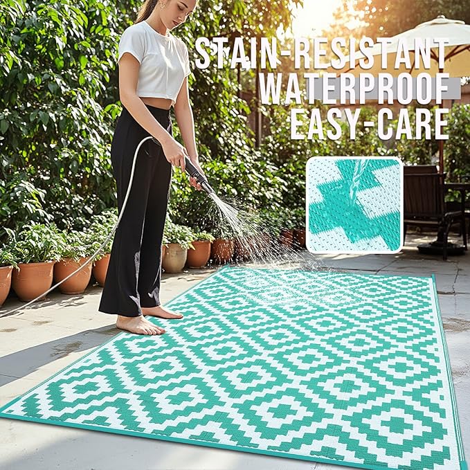 OLANLY Waterproof Outdoor Rug 8x10 ft, Outdoor Plastic Straw Rug for Camping, RV Mat Outside, Outdoor Carpet for Porch, Deck, Backyard, Balcony, Picnic, Turquoise & White