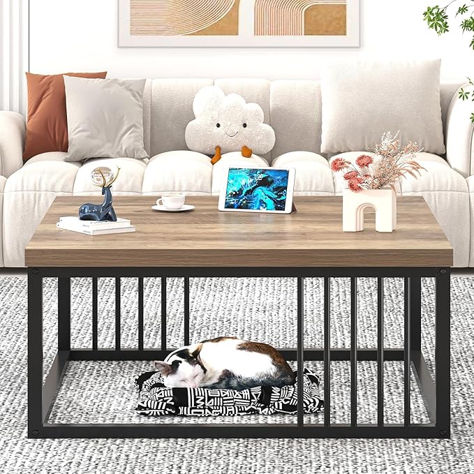 FOLUBAN Coffee Table, Modern Square Center Table for Living Room, Industrial Rustic Wood and Metal Cocktail Tea Table, 31.5 Inch, Oak