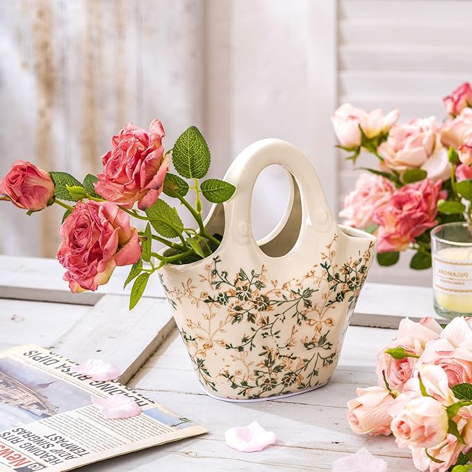 Ceramic Purse Vase for Flowers, Cute Handbag Vases, Vintage Green and Beige Floral Vase, Rustic Farmhouse Vases for Living Room, Kitchen, Bedroom, Table Centerpiece, Chinoiserie and Tuscan Decor 9 in