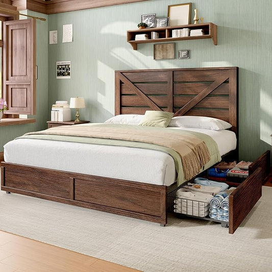 AMERLIFE Queen Size Farmhouse Bed Frame with 4 Drawers, Wooden Storage Bed Frame with Headboard and Heavy Duty Metal Slats, Noisy Free, Easy Assemble, Rusric Brown