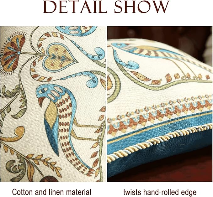 patdrea Designer Rectangle Throw Pillow Covers Set of 2,Farmhouse Blue Linen with Birds Floral Pattern Pillow Cover,Decorative Lumbar Pillowcases Cushion for Bed Living Room Outdoor Car,12"x20"