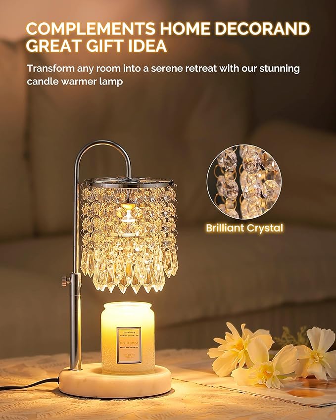 Candle Warmer Lamp with Timer Dimmer and 3 Bulbs, Candle Lamp Warmer with Marble Base for Adjustable Height, Crystal Candle Lamp for Jar Candles, House Warming Gifts Home Room Decor, Silver