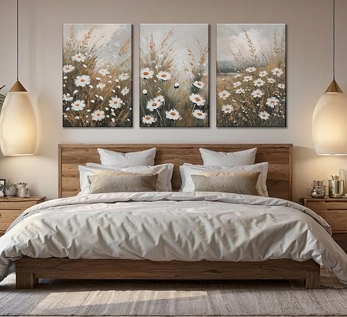 3 Pcs Vintage Wildflowers Field Canvas Wall art Farmhouse Rustic Wildflower Nature Landscape Painting Pictures Wall Decor Posters Print Artwork for Living Room Bathroom Home Decoration