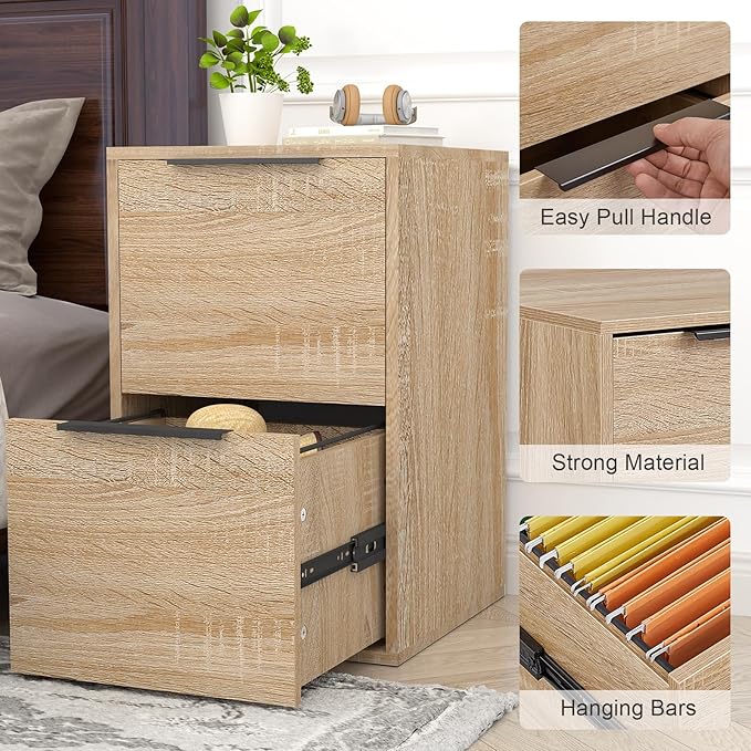 Wood File Cabinet 2 Drawer Filing Cabinets with Hanging Bars for Letter Size, Wooden Samll Vertical Filing Cabinet for Home Office, Oak
