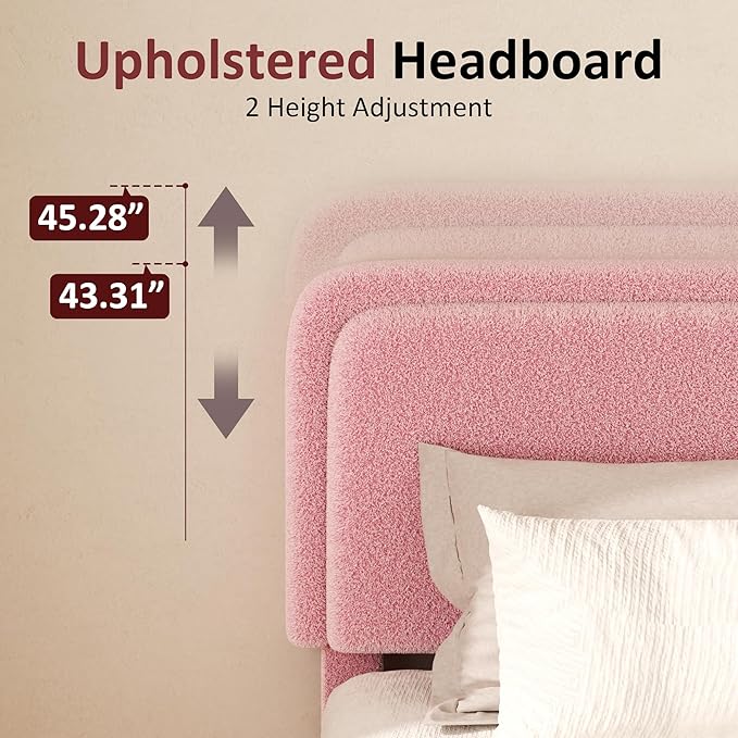 Twin Boucle Platform Bed Frame with Height Adjustable Headboard, Modern Upholstered Cloud Bed, Sleek Curved Design, No Box Spring Needed, Easy Assembly, Noise Free, Pink